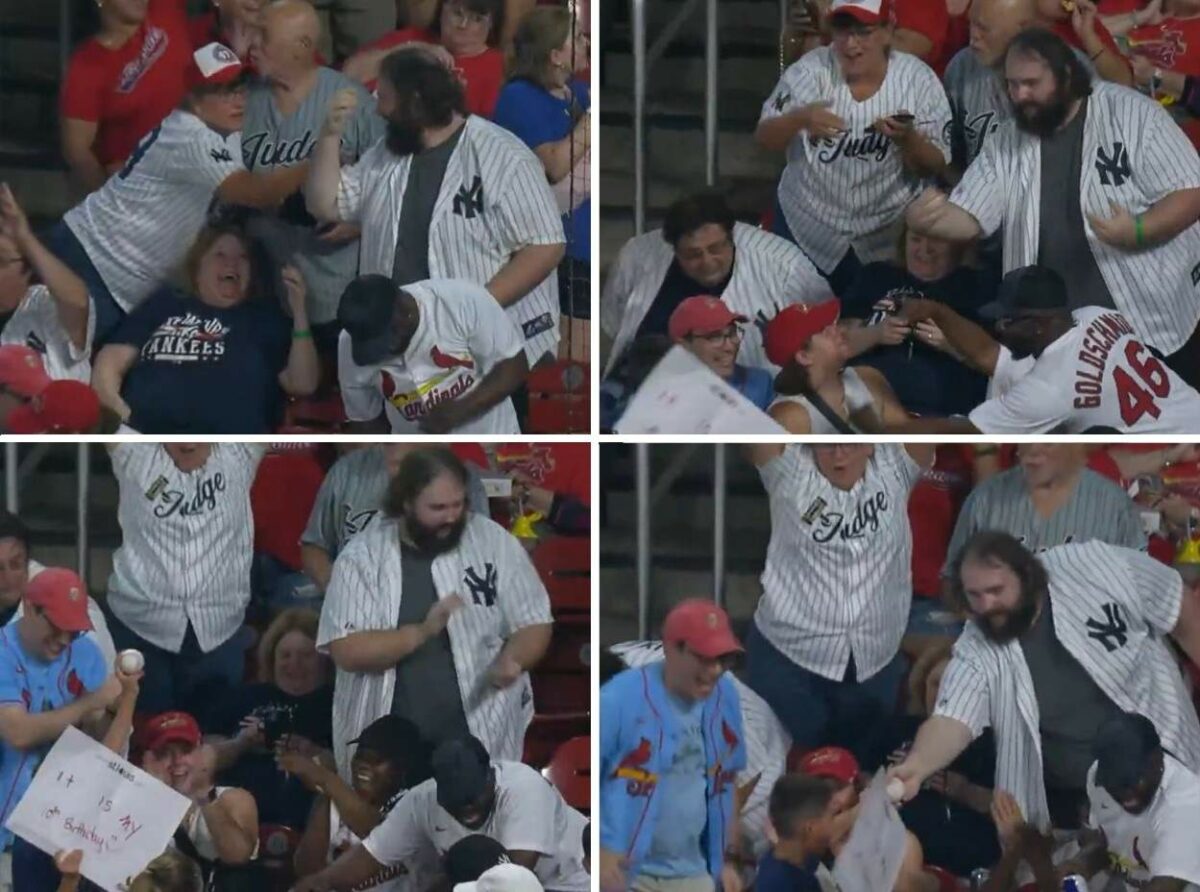 A Yankees fan gives home run ball to young Cardinals supporter at Busch Stadium on August 17, 2025.