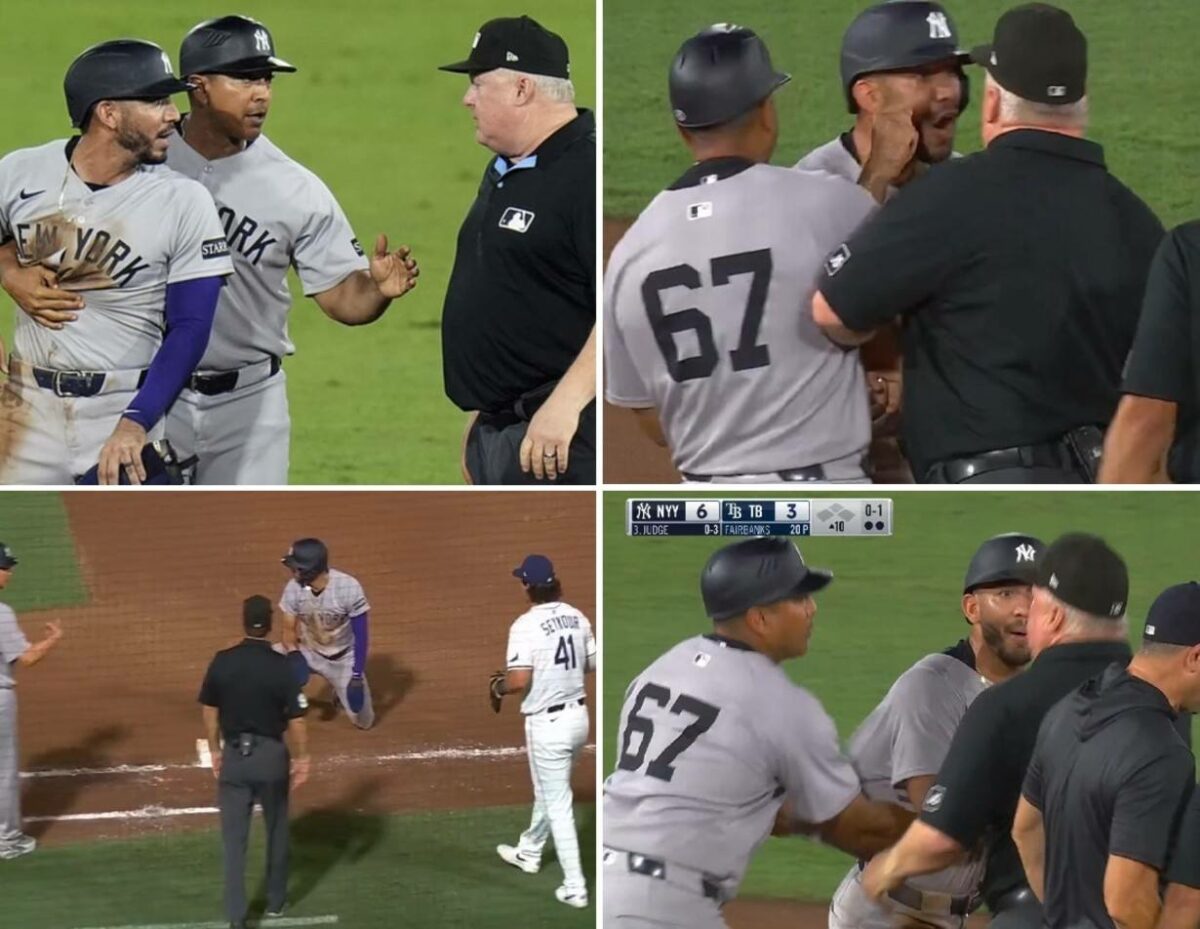 Jose Caballero loses cool over a 10th-inning baserunning dispute, ending in an ejection during the Yankees' 6-4 extra-inning win over the Rays at George M. Steinbrenner Field, Tampa, on Aug 20, 2025.