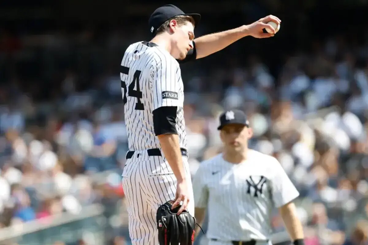 Max Fried reacts on the mound in the fifth inning at Yankee Stadium in The Bronx on August 10, 2025.