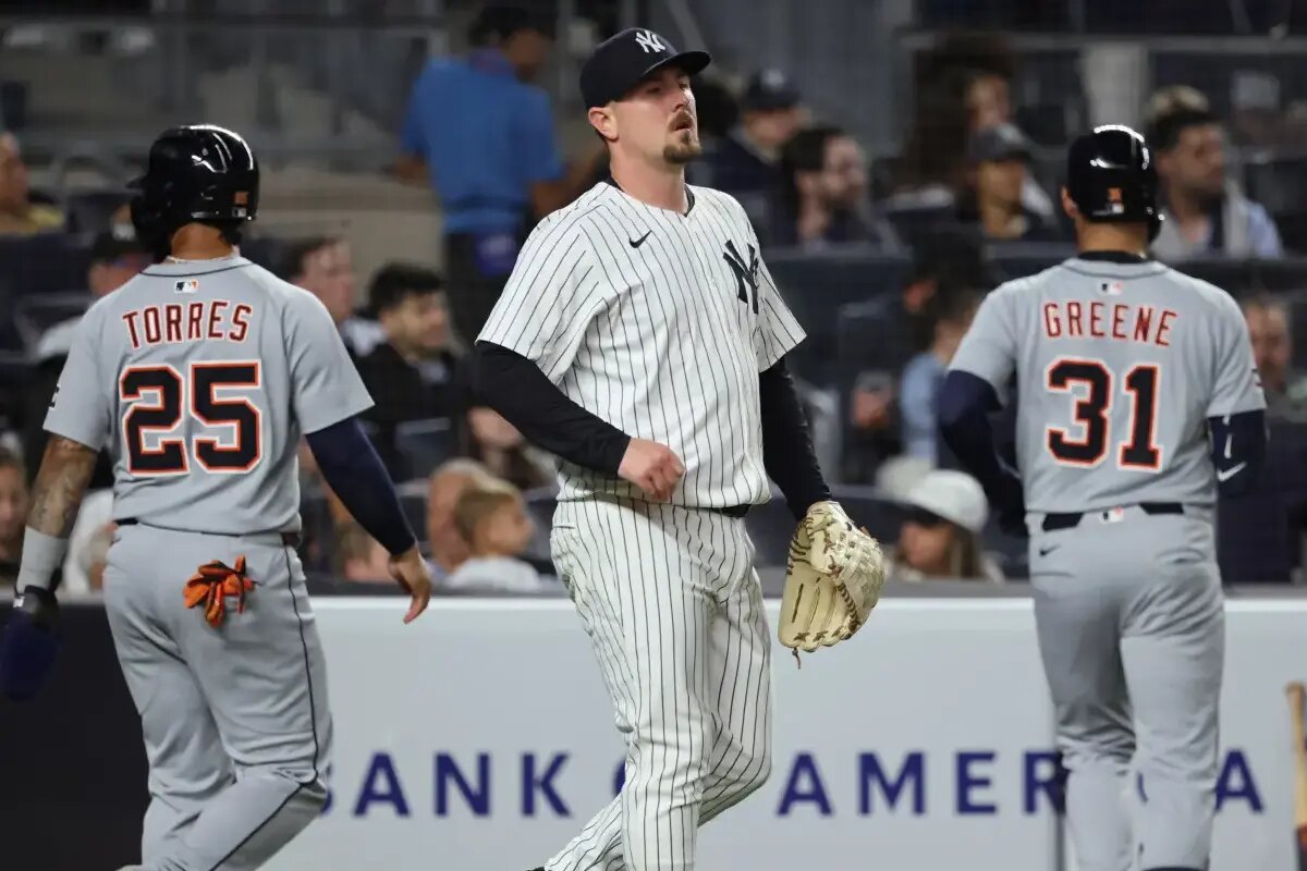 Yankees pitcher Mark Leiter Jr. reacts after a two-run triple by the Tigers’ Kerry Carpenter in the seventh inning on Sept. 9, 2025.