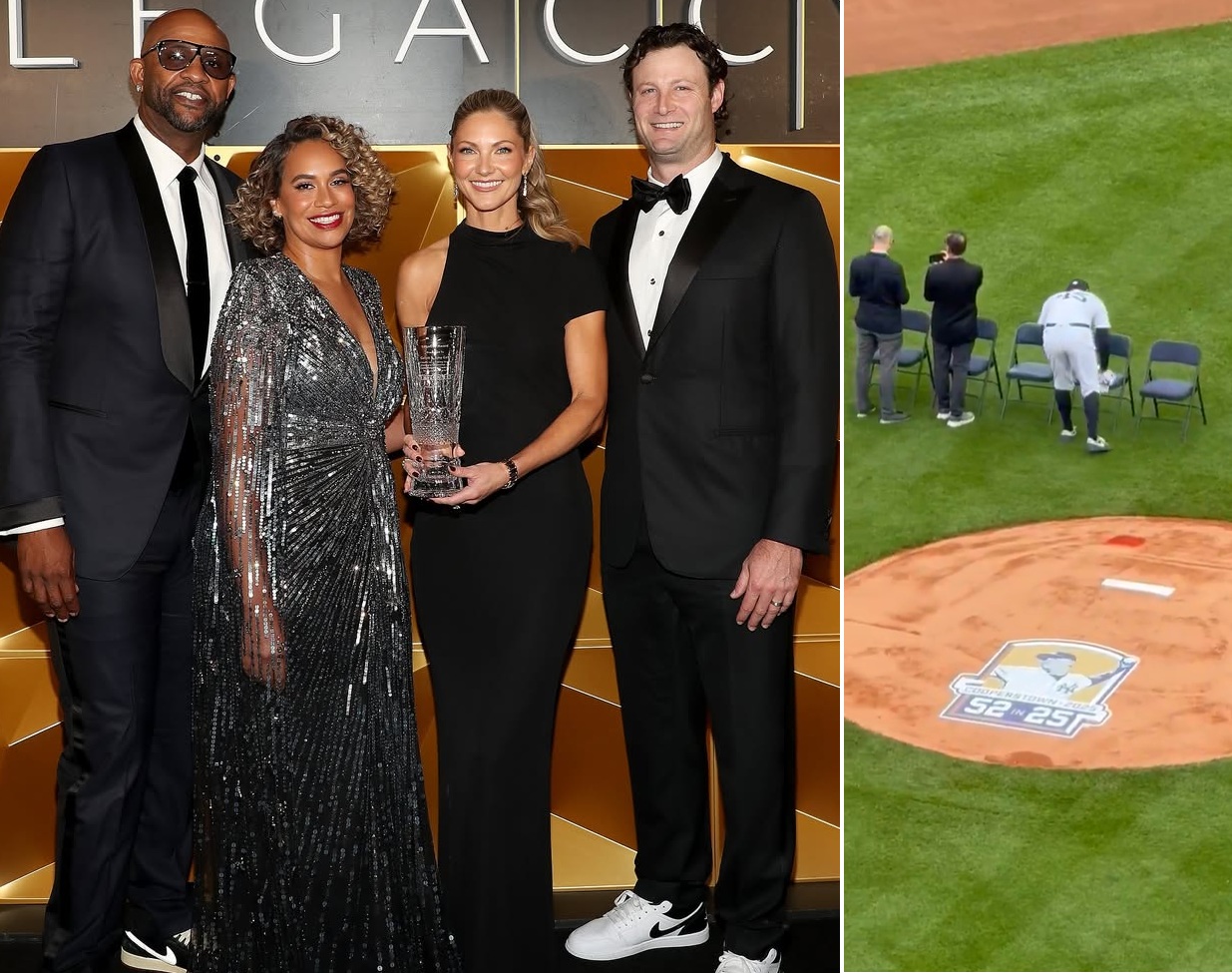 Mrs. and Mr Gerrit Cole are with CC Sabathia and his wife. Cole cleans chairs at Sabathia's Yankees HoF celebration on Sept 7, 2025, in New York.