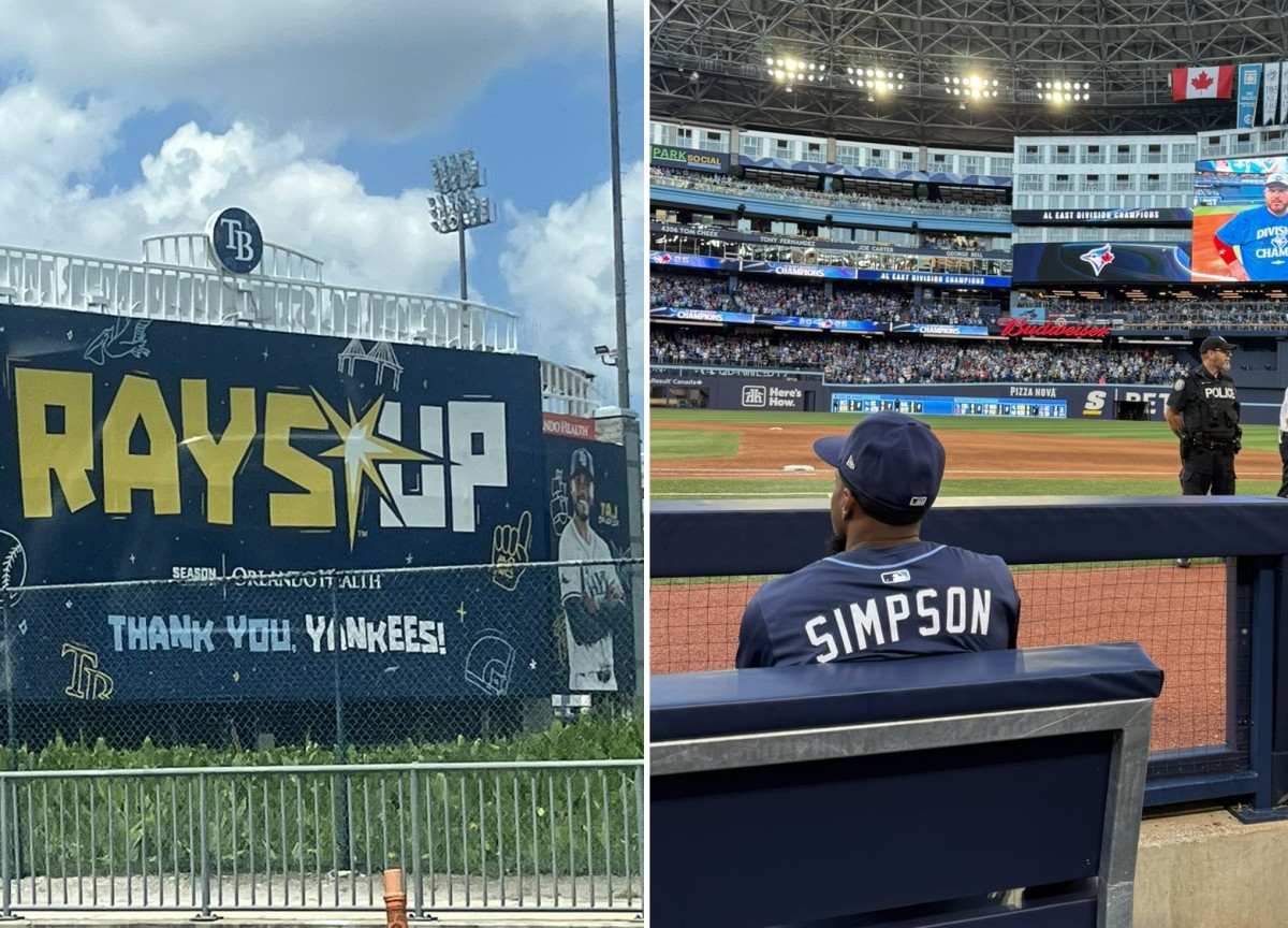 The Rays poster in Tampa thanking Yankees for ballpark lease in 2025, and their game no. 162 in Toronto on Sept. 28, 2025.