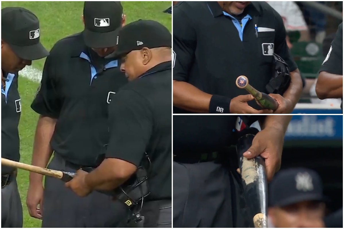 Umpires are inspecting the bat used by Astros' Taylor Trammell in the New York Yankees' win over the Astros, Sept. 4, 2025, in Houston.