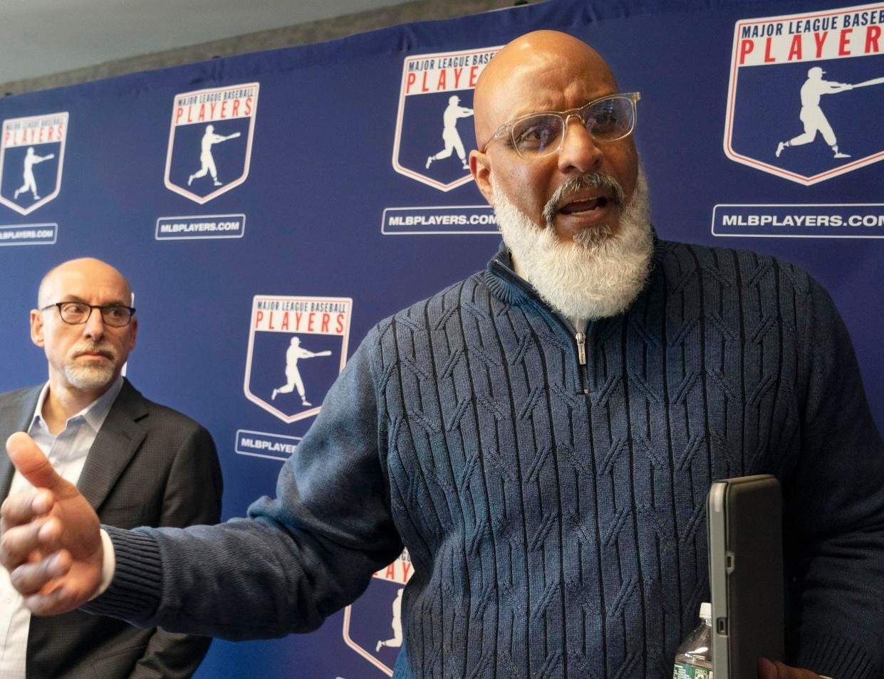 MLBPA head Tony Clark is with collective bargaining & legal director Bruce Meyer in New York, Friday, March 11, 2022.