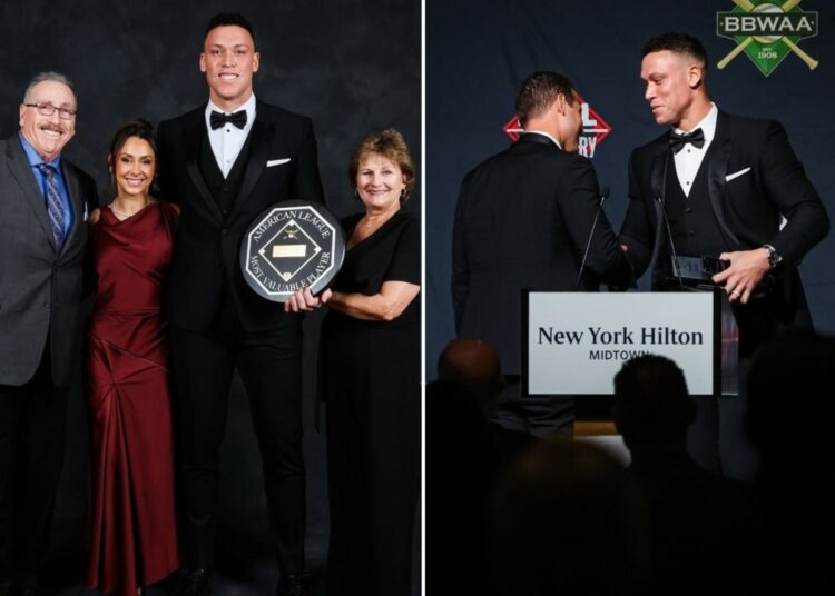 Yankees captain Aaron Judge is with his wife Samantha, parents and friend Anthony Rizzo at the 2026 Baseball Writers' Association of America dinner, New York, Jan. 24, 2026.