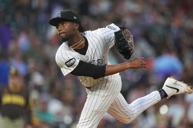 Colorado Rockies relief pitcher Angel Chivilli (57) in the fourth inning of a baseball game, Sept. 6, 2025, in Denver.