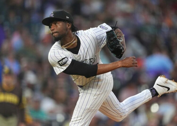 Colorado Rockies relief pitcher Angel Chivilli (57) in the fourth inning of a baseball game, Sept. 6, 2025, in Denver.