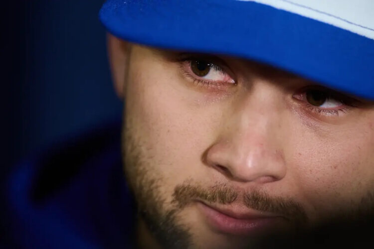Toronto Blue Jays’ Bo Bichette speaks to media during the Toronto Blue Jays’ media day ahead of the 2025 World Series against the Los Angeles Dodgers in Toronto, on Thursday, Oct. 23, 2025.
