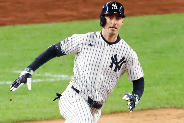 New York Yankees outfielder Cody Bellinger (35) doubles during the fourth inning when the New York Yankees played the Boston Red Sox in Game Three of their Wild Card Series on Thursday, October 2, 2025 at Yankee Stadium in the Bronx, NY.