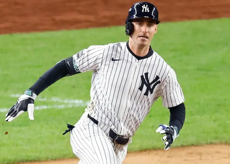 New York Yankees outfielder Cody Bellinger (35) doubles during the fourth inning when the New York Yankees played the Boston Red Sox in Game Three of their Wild Card Series on Thursday, October 2, 2025 at Yankee Stadium in the Bronx, NY.