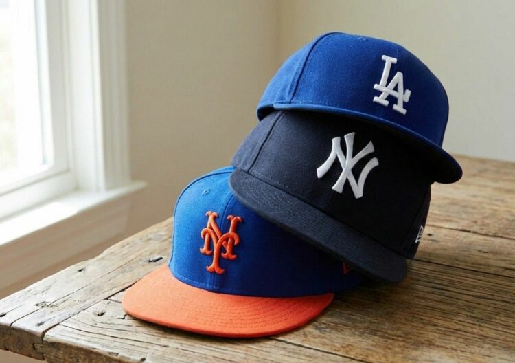 Caps of the New York Yankees, Mets, and LA Dodgers