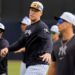 New York Yankees outfielder Aaron Judge, center, stretches during a spring training baseball workout Thursday, Feb. 20, 2025, in Tampa, Fla.