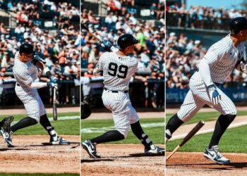Yankees captain Aaron Judge celebrates in dugout after his second homer in spring win over the Tigers, Tampa, Fl. Feb. 21, 2026.
