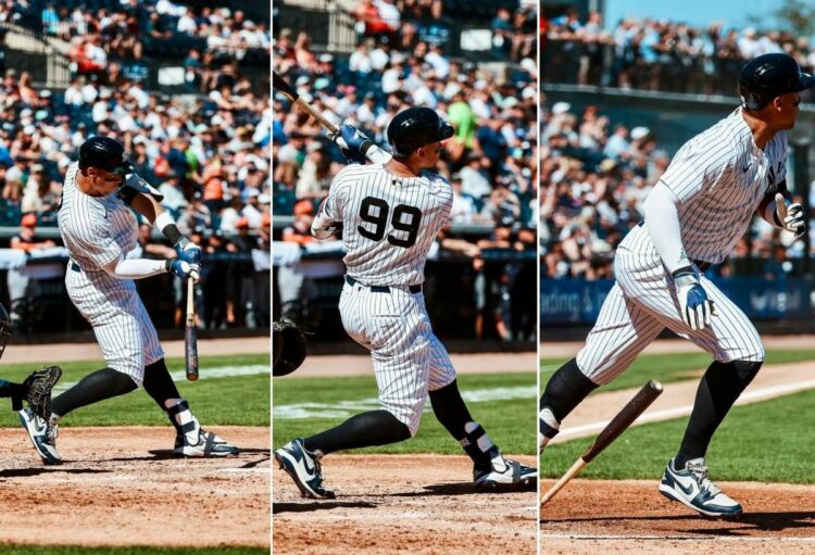 Yankees captain Aaron Judge celebrates in dugout after his second homer in spring win over the Tigers, Tampa, Fl. Feb. 21, 2026.