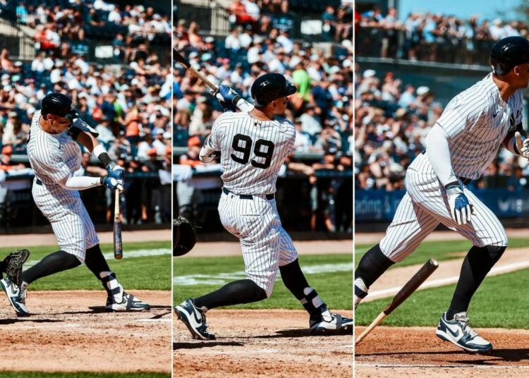 Yankees captain Aaron Judge celebrates in dugout after his second homer in spring win over the Tigers, Tampa, Fl. Feb. 21, 2026.