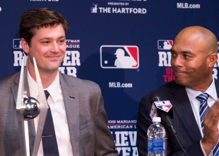 Yankees closer Andrew Miller with legend Mariano Rivera after winning the AL Closer of the Year award, Kansas City, October 28, 2015.