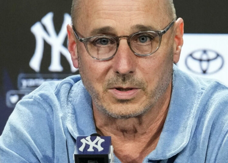 New York Yankees general manager Brian Cashman speaks during a news conference before a baseball game against the Washington Nationals, Wednesday, Aug. 23, 2023, in New York.