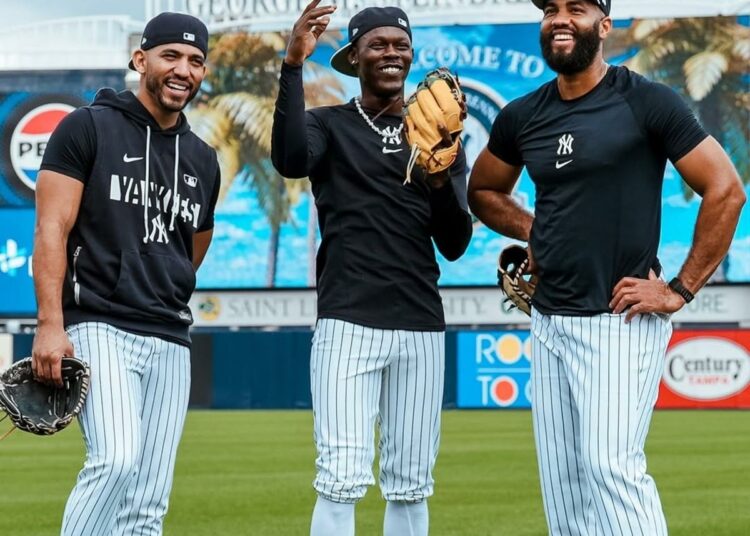 Jose Caballero, Jazz Chisholm Jr., and Amed Rosario at the New York Yankees Spring Training camp in Tampa, Fl. Feb. 14, 2026.