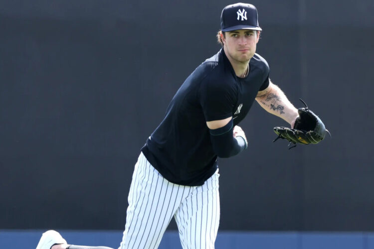 Cam Schlittler throws during a workout on Feb. 12, 2026.
