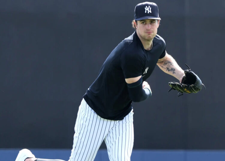 Cam Schlittler throws during a workout on Feb. 12, 2026.