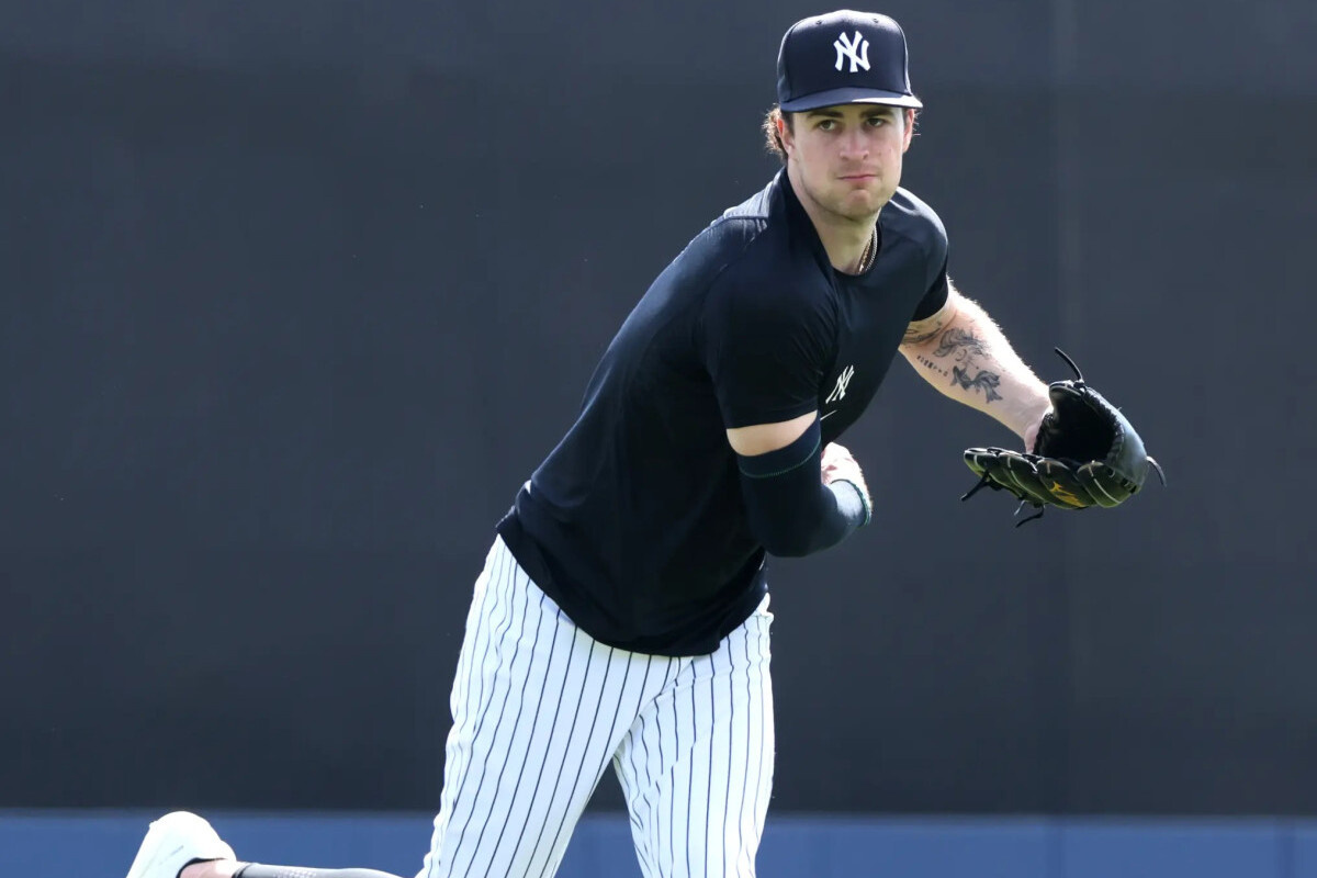 Cam Schlittler throws during a workout on Feb. 12, 2026.