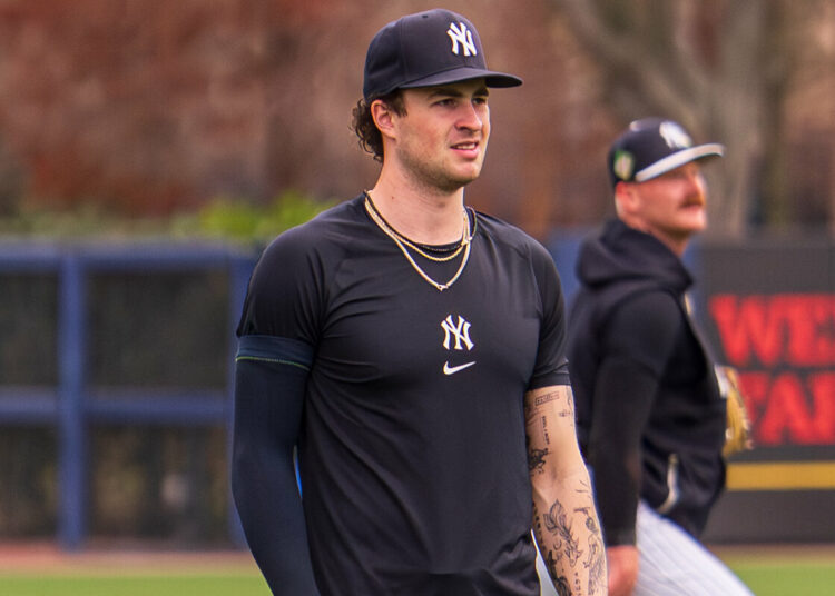 Rookie Yankees ace Cam Schlittler admits to have tweak feeling in his lat, as he joins the Spring Training camp, Feb. 12, 2026.