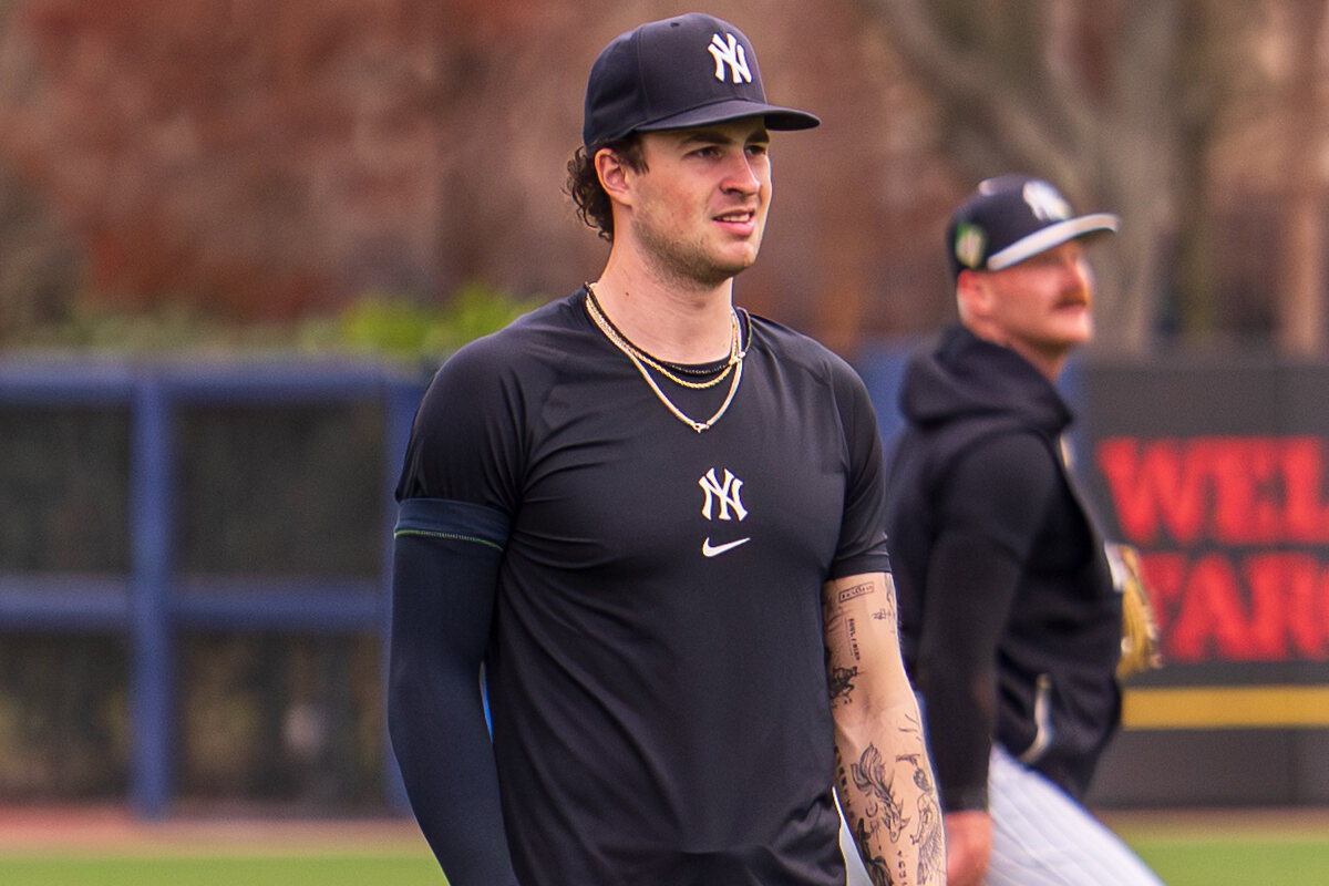 Rookie Yankees ace Cam Schlittler admits to have tweak feeling in his lat, as he joins the Spring Training camp, Feb. 12, 2026.