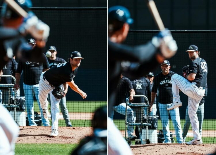 Yankees ace Gerrit Cole pitcher close to 97 mph against Aaron Judge at Tampa, Fl. Feb. 20, 2026.