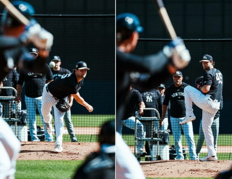 Yankees ace Gerrit Cole pitcher close to 97 mph against Aaron Judge at Tampa, Fl. Feb. 20, 2026.
