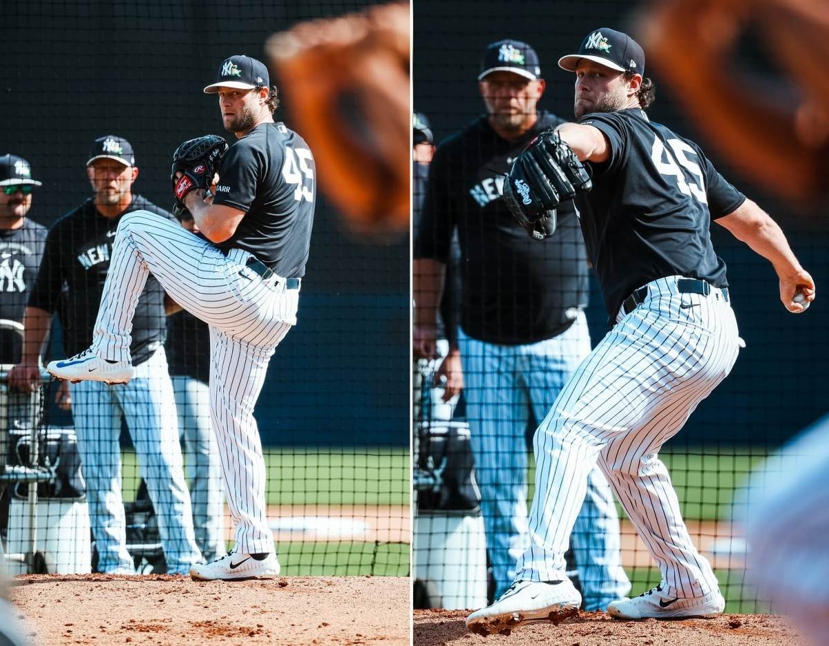 El as de los Yankees Gerrit Cole lanza cerca de 97 mph contra Aaron Judge en Tampa, Fl. 20 de febrero de 2026. 