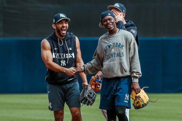 Jose Caballero and Jazz Chisholm joke at the New York Yankees Spring Training camp. George M. Steinbrenner Field, Tampa, Florida, Feb. 11, 2026.
