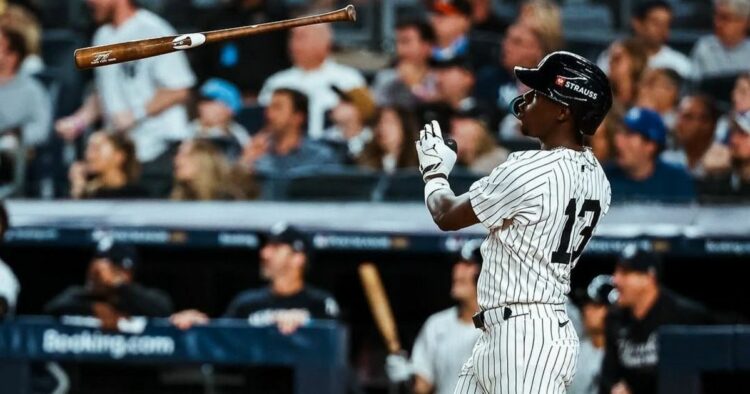 Jazz Chisholm Jr. hits a home run in the Yankees' 9-6 win over the Blue Jays in New York, Oct. 7, 2025.