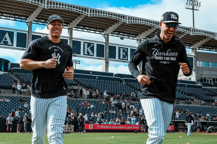 Yankees captain Aaron Judge and teamamte Cody Bellinger at 2026 Spring Training camp in Tampa, Fl.