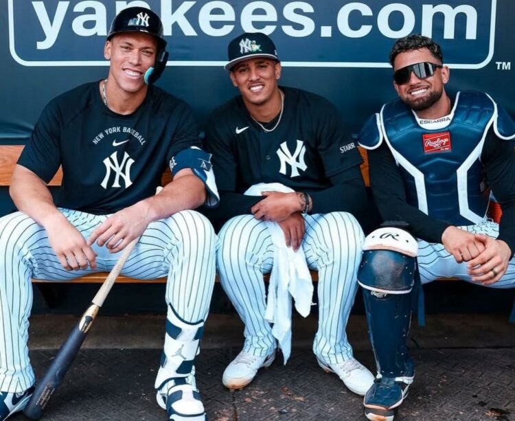Carlos Lagrange is with Aaron Judge and J.C. Escarra after throwing 102.6 mph pitch during the Yankees spring training. Feb. 16, 2026 .