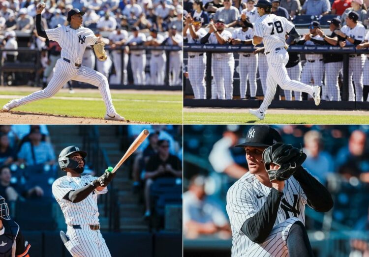 The New York Yankees rookies Carlos Lagrange, Spencer Jones, Rodrick Arias, and Brock Selvidge in action against the Tigers, Tampa, Fl. Feb. 21, 2026.