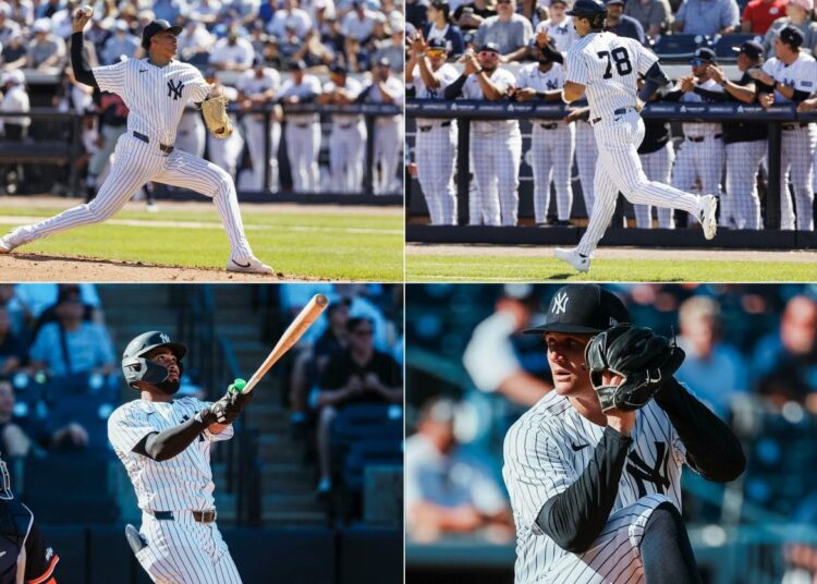 The New York Yankees rookies Carlos Lagrange, Spencer Jones, Rodrick Arias, and Brock Selvidge in action against the Tigers, Tampa, Fl. Feb. 21, 2026.