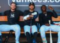Yankees infielders Ryan McMahon, Jose Caballero, and Jazz Chisholm at the team's 2026 Spring Training camp in Tampa, Fl.