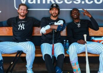 Yankees infielders Ryan McMahon, Jose Caballero, and Jazz Chisholm at the team's 2026 Spring Training camp in Tampa, Fl.