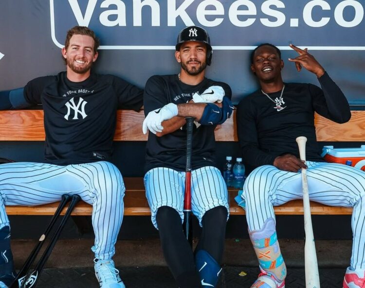 Yankees infielders Ryan McMahon, Jose Caballero, and Jazz Chisholm at the team's 2026 Spring Training camp in Tampa, Fl.