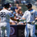 New York Yankees’ Paul Goldschmidt (48) celebrates with New York Yankees’ Ben Rice (22) after scoring during the first inning of a baseball game against the Houston Astros, Saturday, Aug. 9, 2025, in New York.