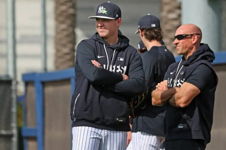 New York Yankees pitcher Ryan Weathers watching a workout at Steinbrenner Field in Tampa, Florida.