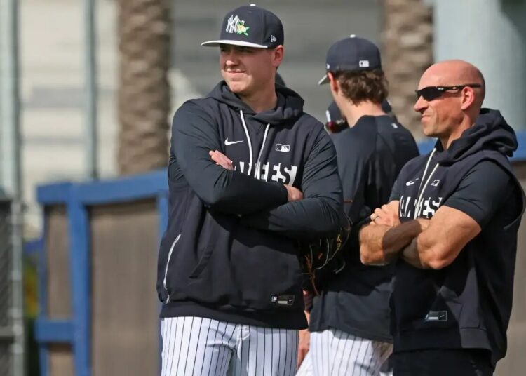 New York Yankees pitcher Ryan Weathers watching a workout at Steinbrenner Field in Tampa, Florida.