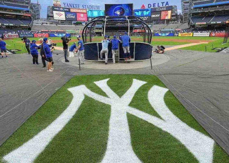 The Toronto Blue Jays take batting practice before playing against the New York Yankees in Game 3 of baseball's American League Division Series on Oct. 7, 2025, in New York.