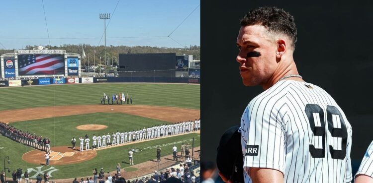 The Yankees and Tigers locked eyes along the foul lines for 45 seconds after the anthem ended, Feb. 21, Tampa, Fl.