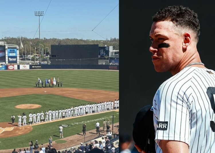 The Yankees and Tigers locked eyes along the foul lines for 45 seconds after the anthem ended, Feb. 21, Tampa, Fl.