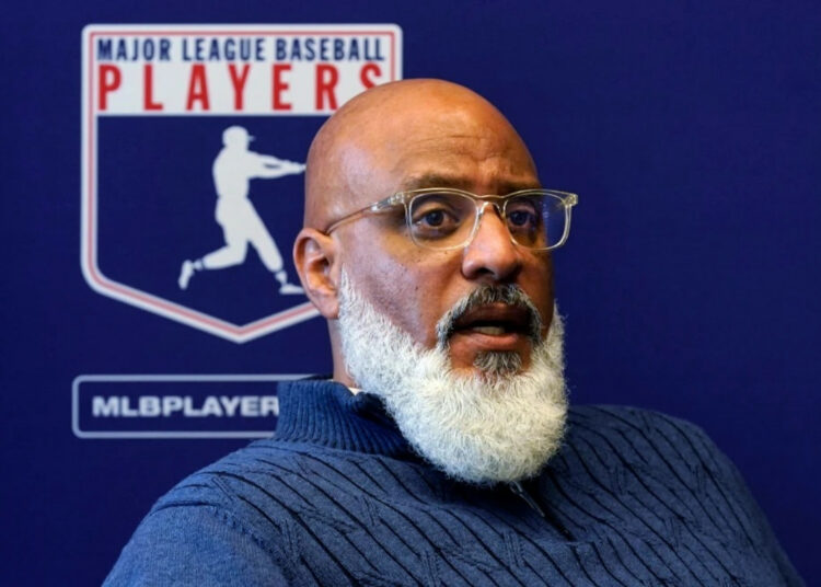 Major League Baseball Players Association Executive Director Tony Clark answers a question during a news conference in New York on March 11, 2022.