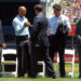 Jun 21, 2014; Bronx, NY, USA; New York Yankees former player Tino Martinez (center) greets (left to right) former teammates Jorge Posada and Mariano Rivera and Paul O'Neill and David Cone during a ceremony before a game against the Baltimore Orioles at Yankee Stadium.