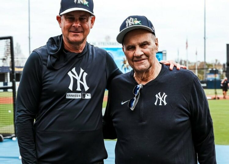 Yankees skipper Aaron Boone is with former manager Joe Torre at the 2026 Spring Training camp, Tampa, Fl.