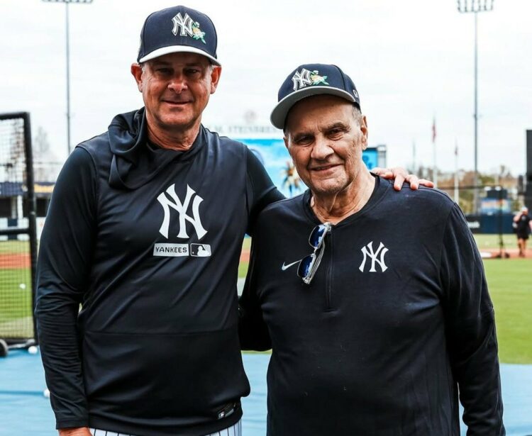 Yankees skipper Aaron Boone is with former manager Joe Torre at the 2026 Spring Training camp, Tampa, Fl.
