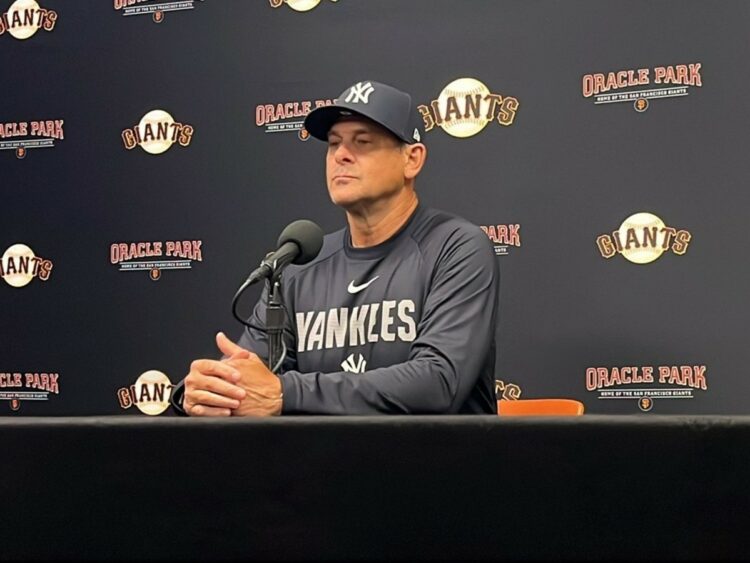 Yankees manager Aaron Boone speaks before the